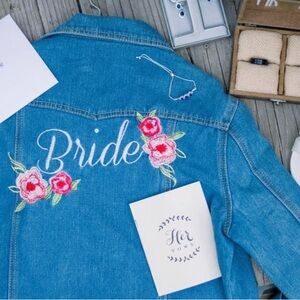 David's Bridal Blue Jean Jacket with Floral Embroidery
